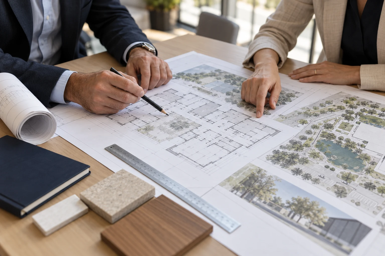 Consultants reviewing property layouts, building plans, and material samples