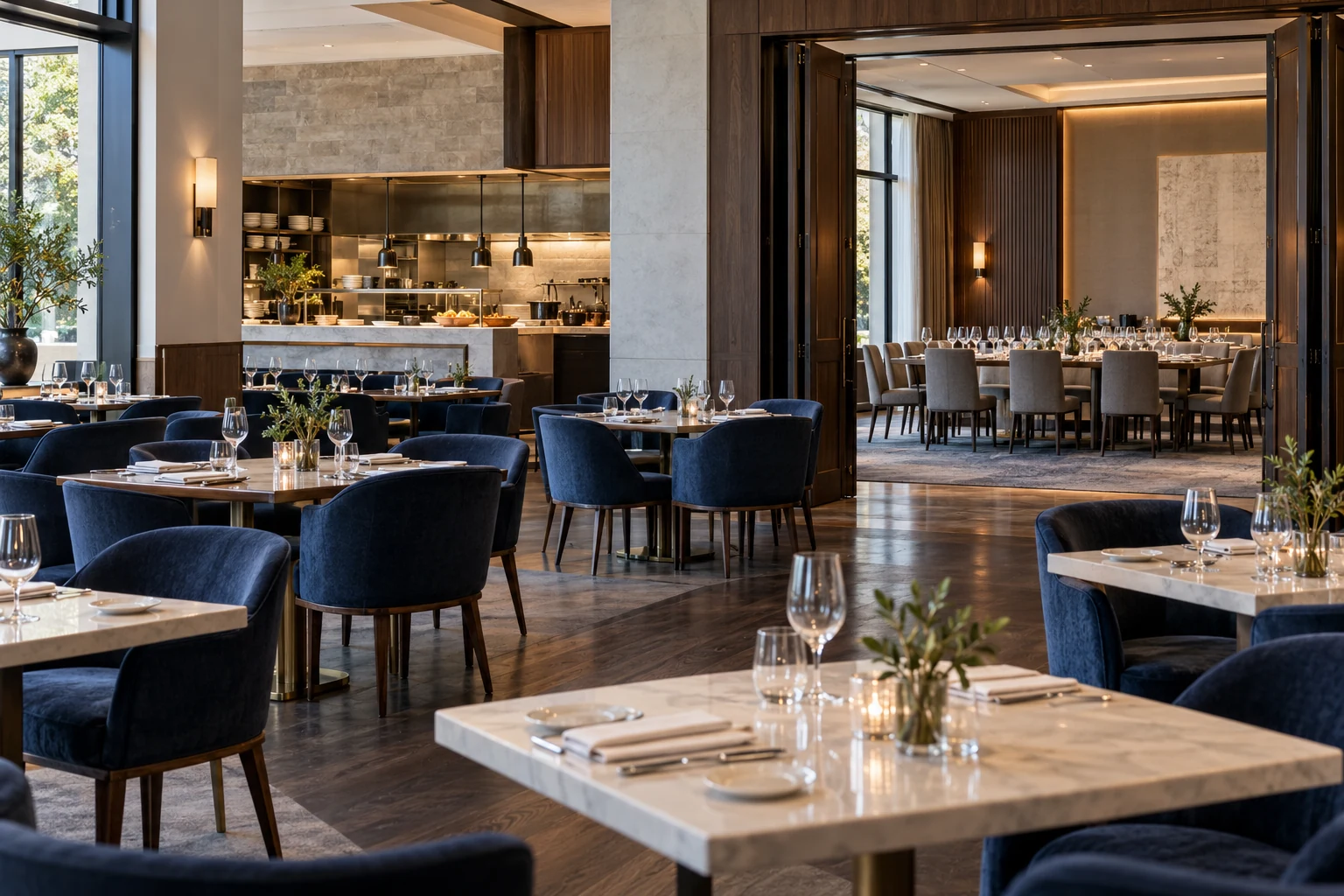 Contemporary restaurant dining room with a culinary pass and adjoining private event space