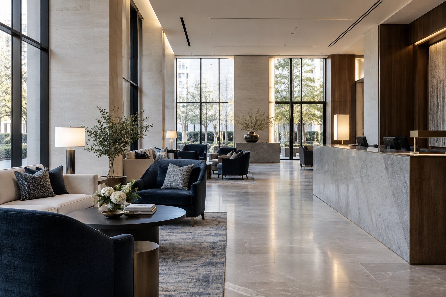 Hotel reception and lounge with navy seating and natural stone finishes